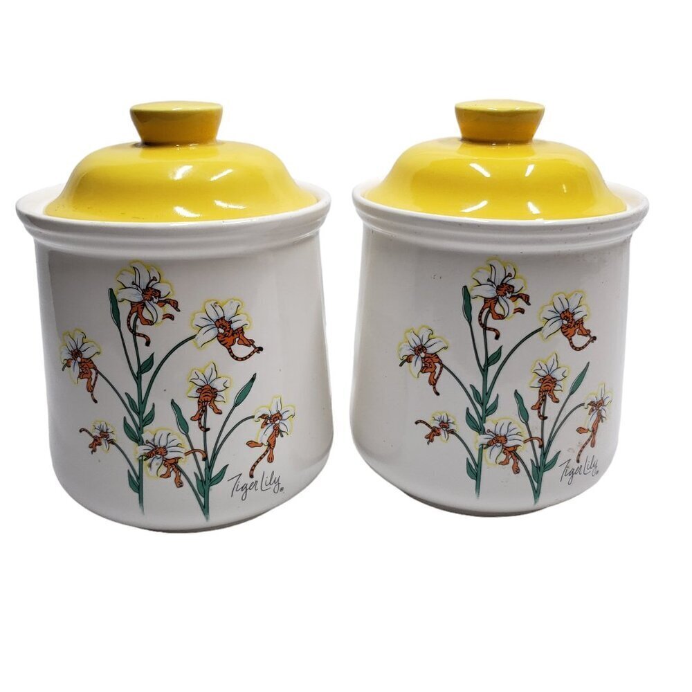 Petal Pets Tiger Lily Ceramic Canisters Set of 2 With Lids Vintage Japan